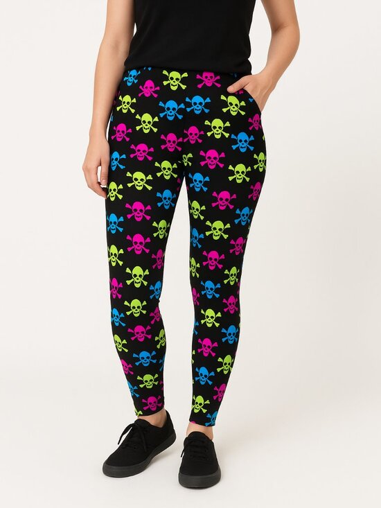 LuLaRoe TC Skull Print Leggings Black Neon Pink Blue Green Halloween - Picture 1 of 6